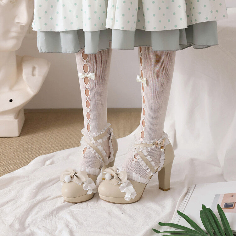 Women Lolita Lace Butterfly Knot Pearls Chunky Heel Platform Sandals