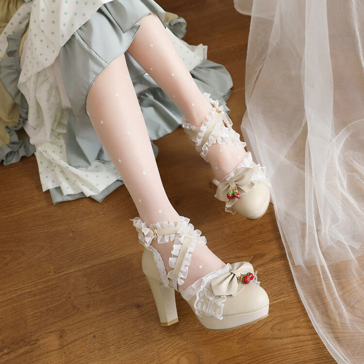 Women Lolita Lace Strawberry Deco Butterfly Bow Chunky Heel Platform Sandals