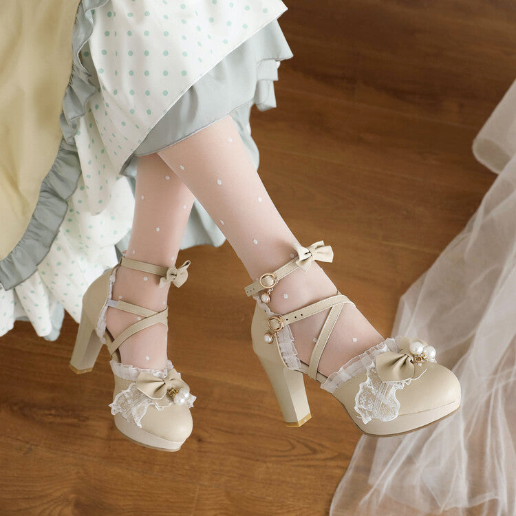 Women Lolita Pearls Lace Butterfly Knot Chunky Heel Platform Sandals
