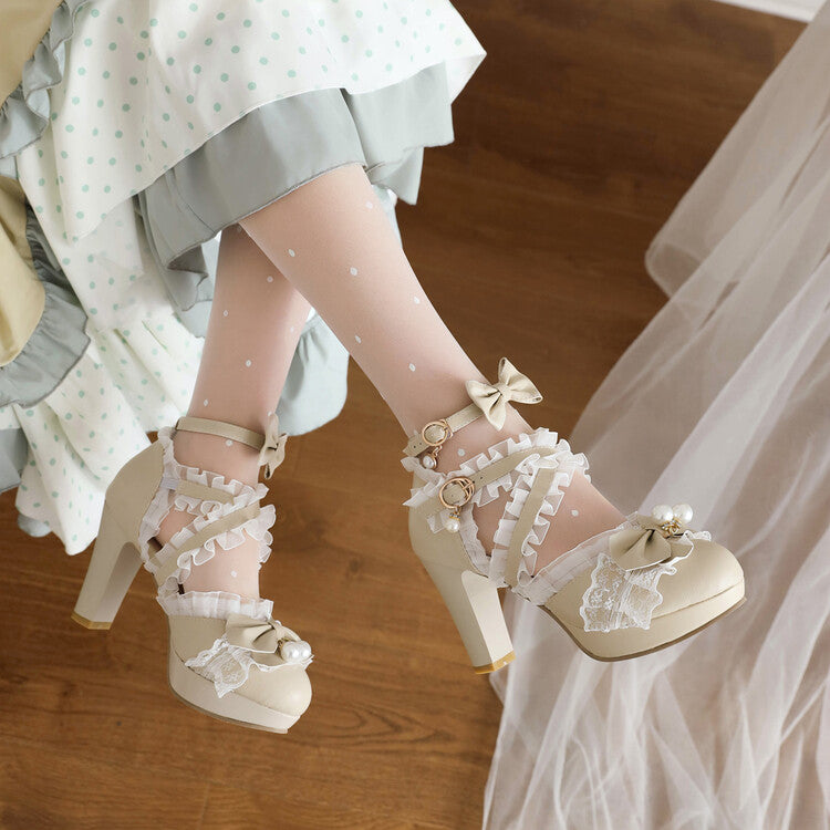Women Lolita Lace Pearls Butterfly Knot Chunky Heel Platform Sandals