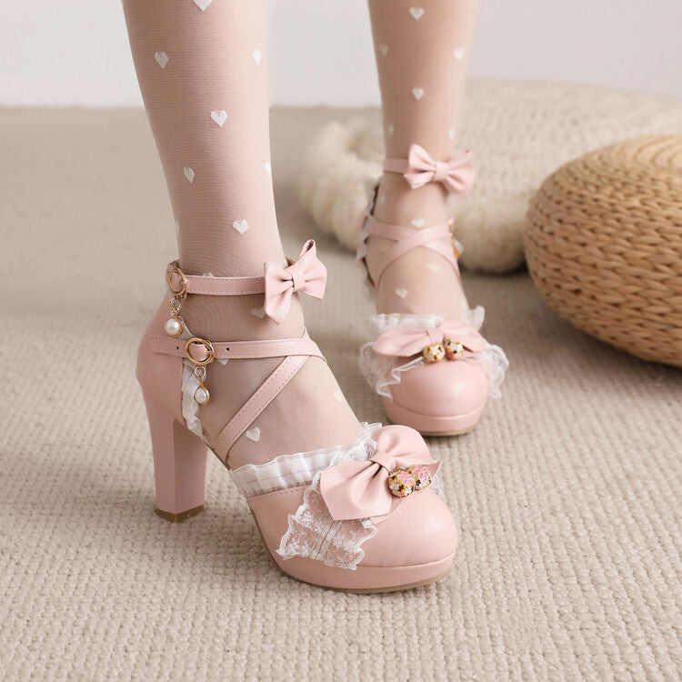 Women Lolita Ankle Strap Lace Butterfly Knot Chunky Heel Platform Sandals