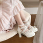 Women Lolita Lace Strappy Butterfly Knot Pearls Chunky Heel Platform Sandals
