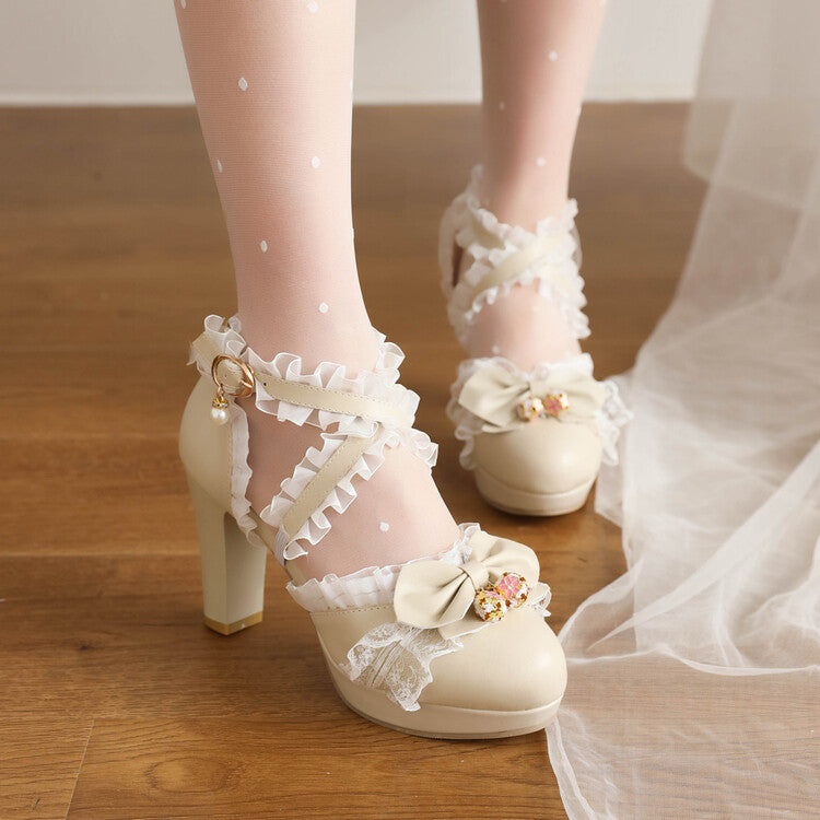 Women Lolita Round Toe Lace Butterfly Knot Chunky Heel Platform Sandals
