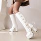 Women Pu Leather Round Toe Buckles Belts Chunky Heel Platform Knee High Boots