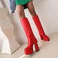 Women Pu Leather Round Toe Buckles Belts Chunky Heel Platform Knee High Boots