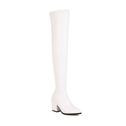 Women Pu Leather Pointed Toe Side Zippers Block Heel Over the Knee Boots