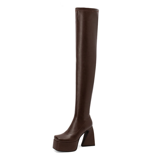 Women Pu Leather Side Zippers Chunky Heel Platform Over the Knee Boots