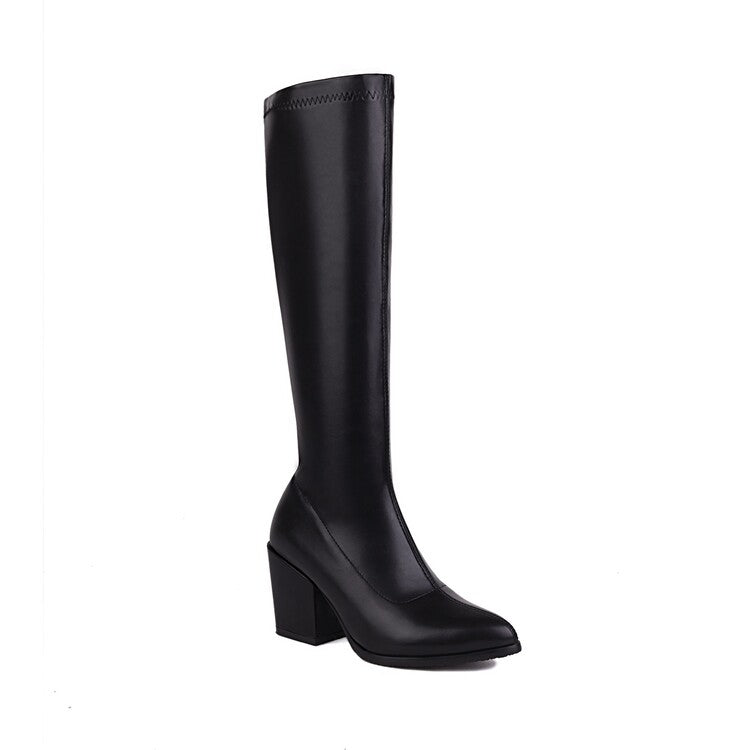 Women Pu Leather Pointed Toe Side Zippers Block Heel Knee High Boots