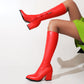 Women Pu Leather Pointed Toe Side Zippers Block Heel Knee High Boots
