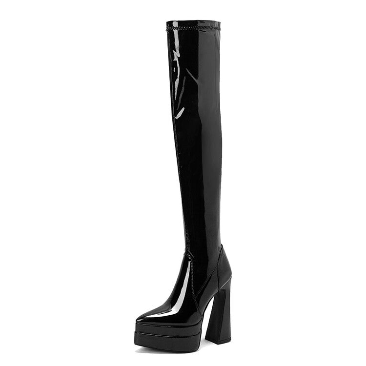 Women Glossy Pointed Toe Side Zippers Chunky Heel Platform Over the Knee Boots