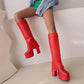 Women Fold Pu Leather Square Toe Block Heel Platform Knee High Boots