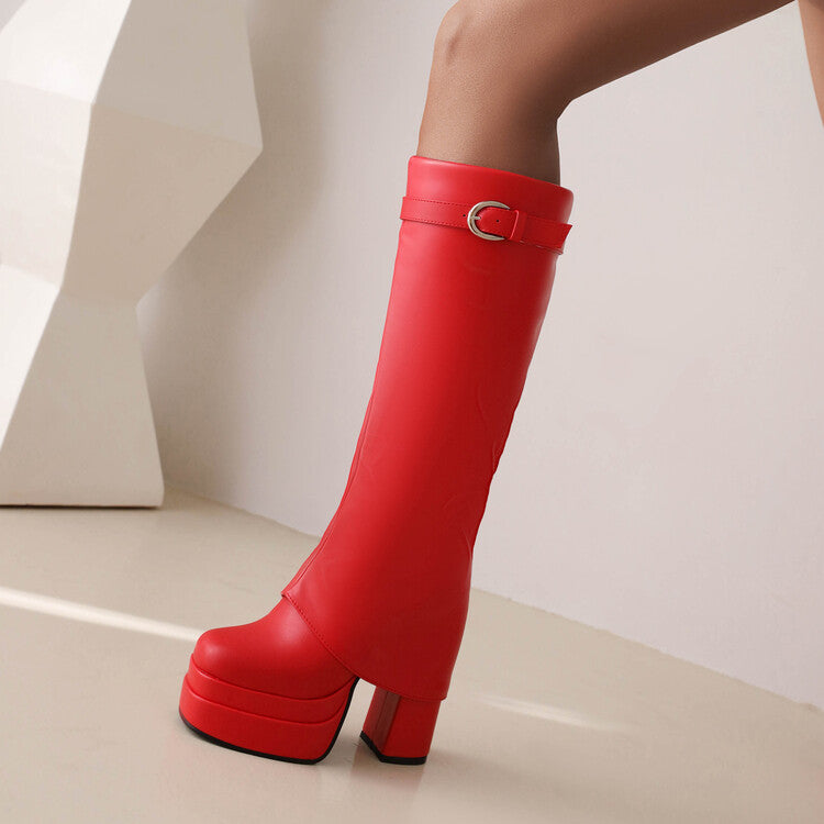 Women Fold Pu Leather Square Toe Block Heel Platform Knee High Boots