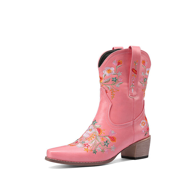 Women Pu Leather Pointed Toe Floral Embroidery Puppy Heel Cowboy Short Boots