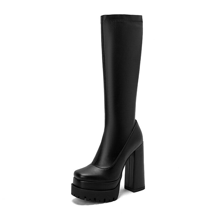Women Pu Leather Side Zippers Platform Block Heel Knee High Boots