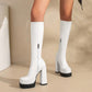 Women Pu Leather Side Zippers Platform Block Heel Knee High Boots