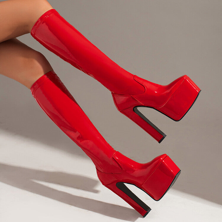 Women Glossy Square Toe Stitching Platform Block Heel Knee High Boots
