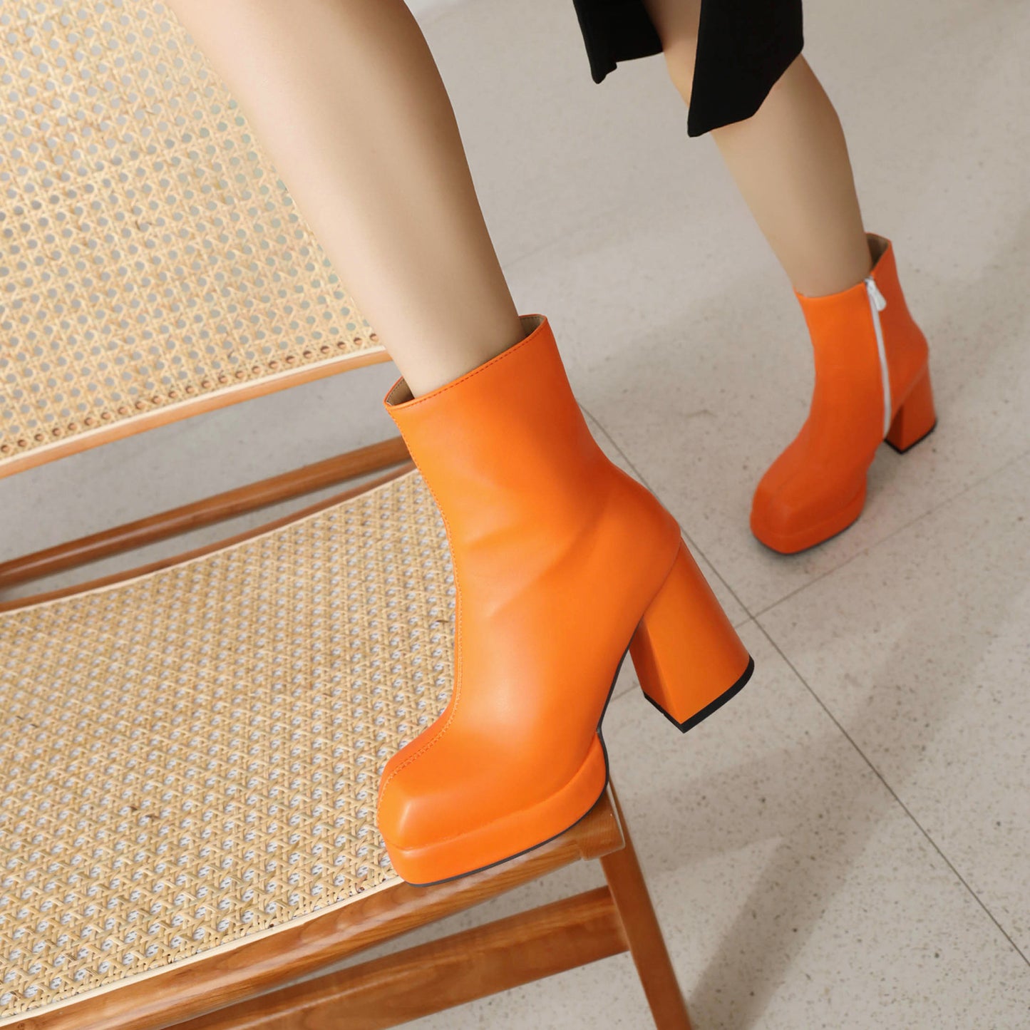 Women Square Toe Side Zippers Block Heel Platform Short Boots
