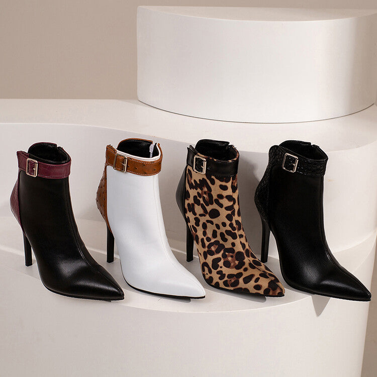 Women Leopard Print Pointed Toe Buckle Stiletto Heel Short Boots