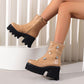 Women Crocodile Pattern Pearls Rhinestone Block Heel Platform Short Boots