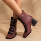 Women Embossed Leather Rivets Block Heel Short Boots