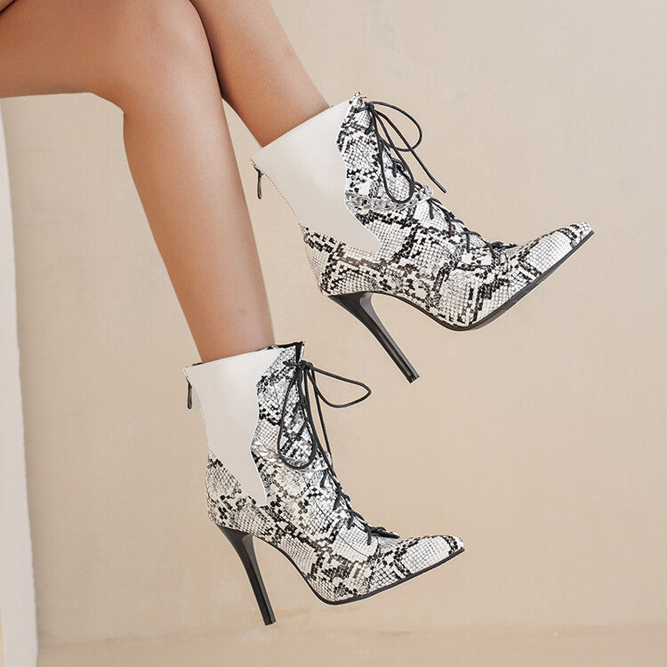 Women Bicolor Pointed Toe Lace Up Metal Chains Stiletto Heel Short Boots