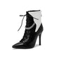 Women Bicolor Pointed Toe Lace Up Metal Chains Stiletto Heel Short Boots