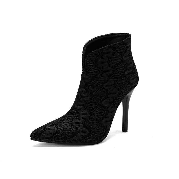 Women Embossed Leather Leopard Print Pointed Toe Stiletto Heel Short Boots