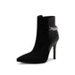 Women Printed Patchwork Pointed Toe Metal Chains Stiletto Heel Short Boots