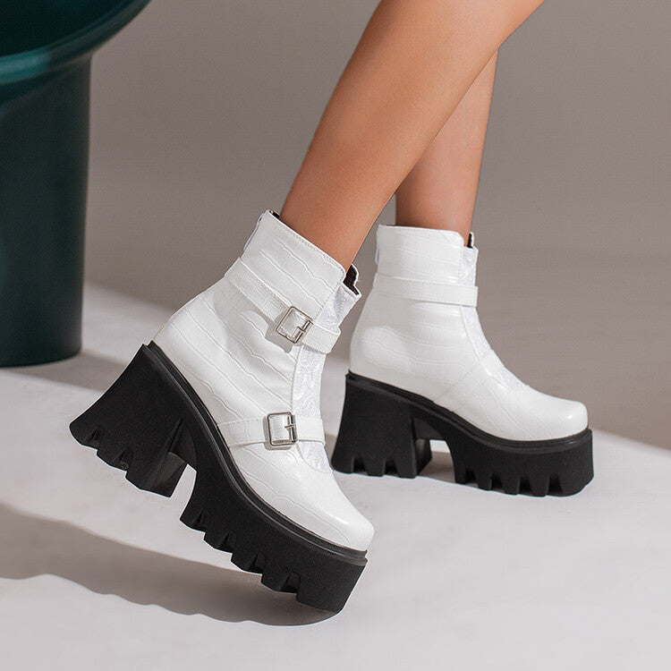 Women Embossed Leather Buckle Straps Block Heel Platform Short Boots