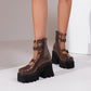 Women Embossed Leather Buckle Straps Block Heel Platform Short Boots