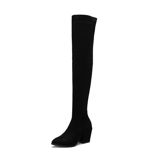 Women Suede Pointed Toe Side Zippers Over The Knee Block Heel Boots