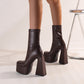 Women Pu Leather Square Toe Triangle Heel Platform Short Boots