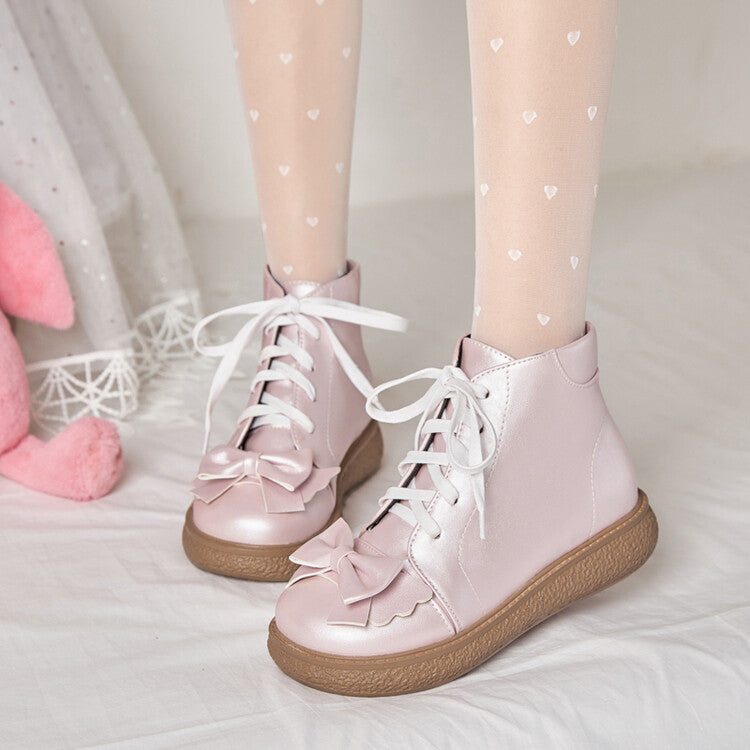 Women Lolita Pu Leather Bow Tie Lace Up Lace Flat Ankle Boots