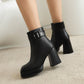Women Square Toe Buckle Side Zippers Block Heel Platform Short Boots