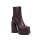 Women Pu Leather Square Toe Side Zippers Triangle Heel Platform Short Boots