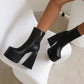 Women Pu Leather Square Toe Side Zippers Triangle Heel Platform Short Boots