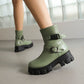 Women Glossy Buckle Straps Block Heel Side Zippers Platform Short Boots