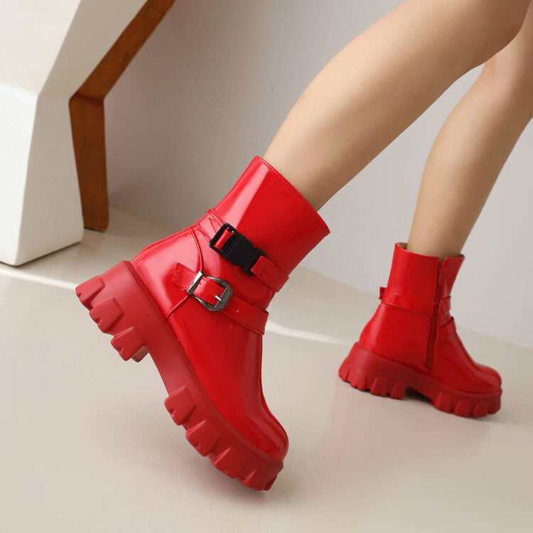Women Glossy Buckle Straps Block Heel Side Zippers Platform Short Boots