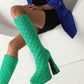 Lattice Pointed Toe Chunky Heel Platform Knee High Boots for Women
