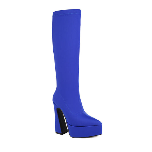 Flock Pointed Toe Stretch Spool Heel Platform Knee High Boots for Women