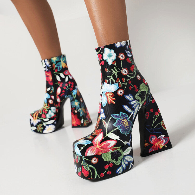 Women Pu Leather Square Toe Flora Printed Triangle Heel Platform Short Boots