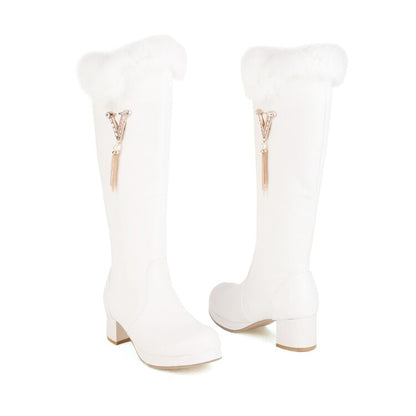 Round Toe Fur Block Chunky Heel Platform Knee-High Boots for Women
