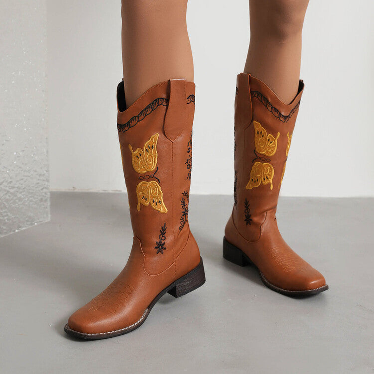Ladies Ethnic Embroidery Low Heels Cowboy Mid Calf Boots