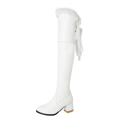 Lace Furry Thick Heel Over-The-Knee Boots for Women