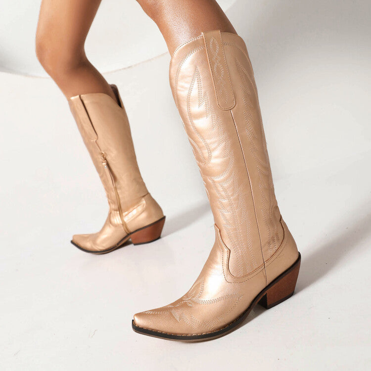 Cowboy Pointed Toe Beveled Heel Patent Mid Calf Western Boots for Women
