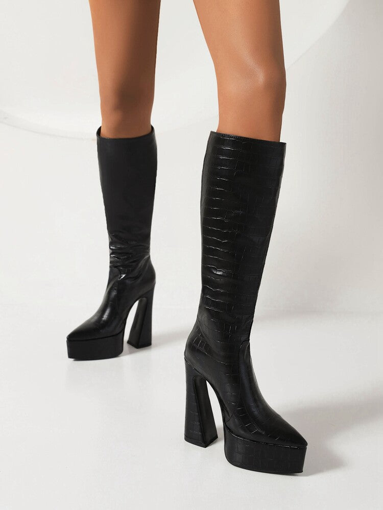 Pointed Toe Chunky Heel Platform Knee High Boots for Women