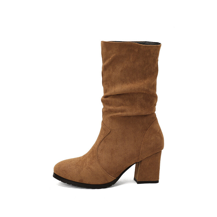 Round Toe Slouch Block Chunky Heel Mid-Calf Boots for Women