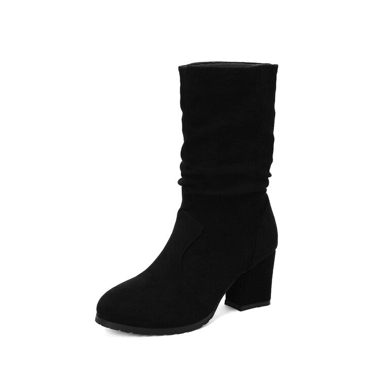 Round Toe Slouch Block Chunky Heel Mid-Calf Boots for Women