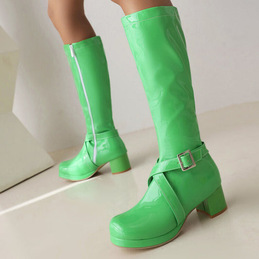 Glossy Square Toe Buckle Straps Block Chunky Heel Platform Knee-High Boots for Women