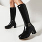 Glossy Square Toe Buckle Straps Block Chunky Heel Platform Knee-High Boots for Women